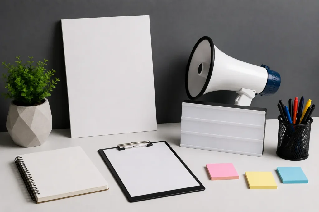 Creative branding and promotion workspace featuring a megaphone, clipboard, notebook, stationery, promotional materials, and marketing tools arranged on a professional desk.