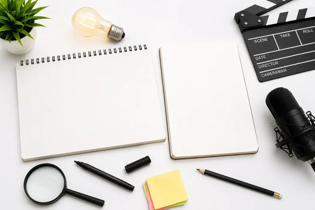 Concept and script development process with creative planning tools, storyboarding elements, content strategy notes, and script writing resources.