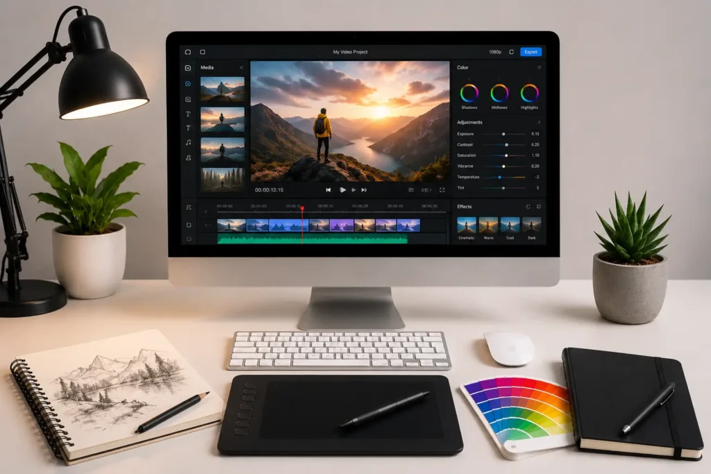 Modern video editing workstation featuring a desktop computer with editing software, graphics tablet, color palette, creative tools, and professional post-production setup.
